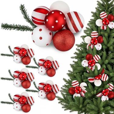 Imagem de Knitgrip Conjunto de 6 conjuntos de enfeites de bola de Natal com laços, 36 peças de enfeites de bola de Natal à prova de estilhaçamento de plástico vermelho e branco para decoração de guirlanda de