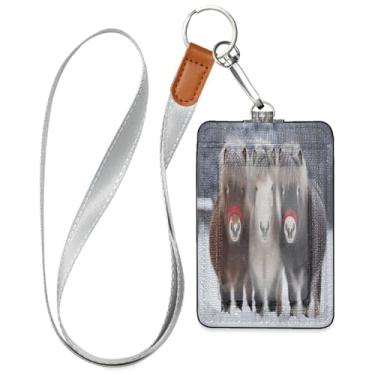 Imagem de Wassud Três cavalos em chapéus de Papai Noel, cordões de couro PU para crachás, porta-nomes, porta-chaves, porta-crachás, cartões de crédito para escritórios, funcionários, estudantes, funcionários