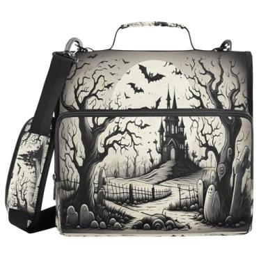 Imagem de STAYTOP Fichário escolar de Halloween Horror House com alça de ombro, anéis de vedação de 3,8 cm, capacidade para 600 folhas, pasta de arquivos expansível, vários bolsos e organizador de armazenamento