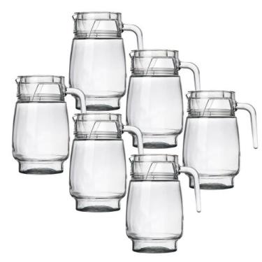 Imagem de Kit 6 Jarras De Vidro Transparente Com Tampa Agua Suco Bico Alça 1,3l 