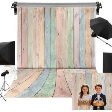 Imagem de Pano de fundo de madeira colorido, 1,8 x 2,3 m, pastel, pastel, rústico, para fotografia, decoração de Páscoa, chá de bebê, decoração de festa de aniversário, retrato, sessão de fotos, adereços de