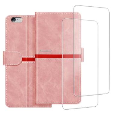 Imagem de ESACMOT Capa de celular compatível com iPhone 6 Plus + [2 unidades] película protetora de tela de vidro, capa protetora magnética de couro premium para iPhone 6S Plus (5,5 polegadas) rosa