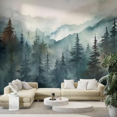 Imagem de Papel de parede florestal mural verde paisagem de floresta autoadesivo papel de parede de pinheiro natureza rústica decoração de parede para sala de estar papel de contato removível para parede de