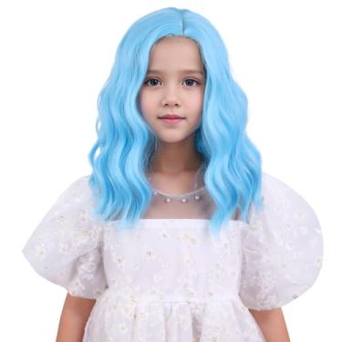 Imagem de DUDUWIG Peruca infantil azul claro para meninas curta azul claro ondulado cacheado peruca azul peruca para criança peruca de cabelo sintético