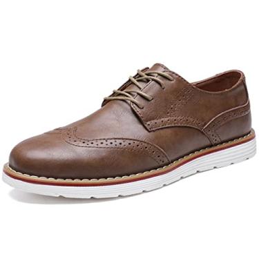 Imagem de QHBPMGAD Tênis masculino Oxford sapato social - Brogue sapato de couro elegante Wingtip masculino cadarço plataforma retrô sapato único, Caqui, 8.5