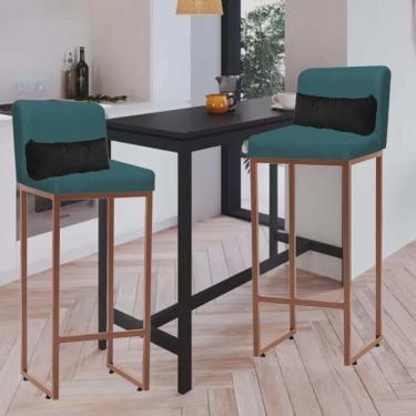 Imagem de Kit 02 Banqueta Alta com Encosto Lucca Industrial Cozinha Balcão Ferro Bronze Suede Azul Turquesa e Almofada Preto - Ahz Móveis