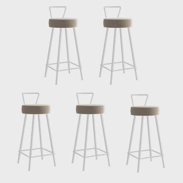 Imagem de Kit 05 Banqueta Alta Com Encosto Tais Eiffel Cozinha Bar Bistrô Ferro Branco Corino Bege - Ahz Móveis