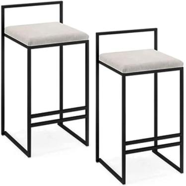 Imagem de Conjunto De 2 Cadeiras De Jantar Com Encosto Completo Assento De Flanela De Metal Preto Com Apoio Para Os Pés E Encosto Pub Café Sala De Jantar Cozinha Bar Balcão Banqueta, White, 65cm(25″)