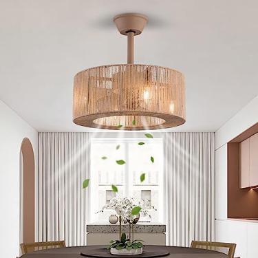 Imagem de Ventiladores de teto de corda de cânhamo retrô com lâmpadas Ventiladores de teto industriais de fazenda com luzes e controle remoto silencioso E27 × 4 temporizador reversível 6 velocidades l