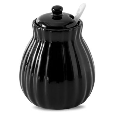 Imagem de Açucareiro com tampa e colher, recipiente de açúcar de cerâmica para barra de café, suporte de pote de açúcar, tigela distribuidora de açúcar para sal marinho, especiarias e açúcar, preto