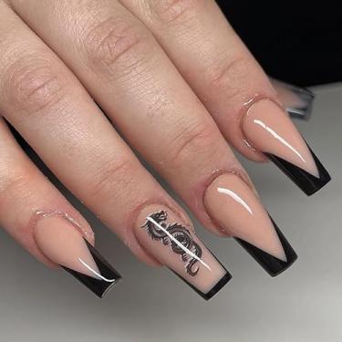 Imagem de Black French Press on Nails Kit de unhas postiças de caixão médio longo com design de dragão requintado cola em unhas para mulheres bailarina acrílica unhas postiças para casamento 24 peças