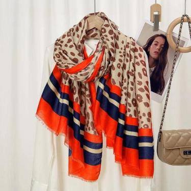 Imagem de Xale De Franjas Listrado De Leopardo Pashmina 180x90cm Lenço De Viscos