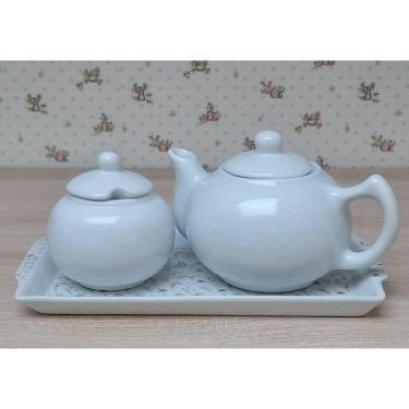 Imagem de Jogo Café e Chá Mesa Posta, Bandeja + Bule Chaleira 830ml + Açucareiro Bolinha 350ml - Kit Porcelana