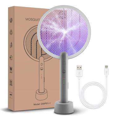 Imagem de Mosiller Raquete elétrica de mata-moscas, 2 em 1, inteligente com base recarregável USB, lâmpada para mosquitos potente com tela de segurança de 3 camadas para casa, quarto, cozinha, pátio (1 unidade)