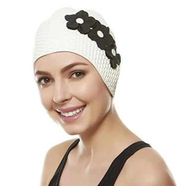 Imagem de Touca de Natação Beemo - Feminina com Flores Brancas e Pretas - Silicone - Ideal para Cabelos Longos - Proteção Contra Cloro, Sal e Bactérias
