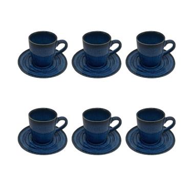 Imagem de Conjunto 6 Xícaras e Pires em Porcelana Azul e Preto 100ml BM0014 BTC