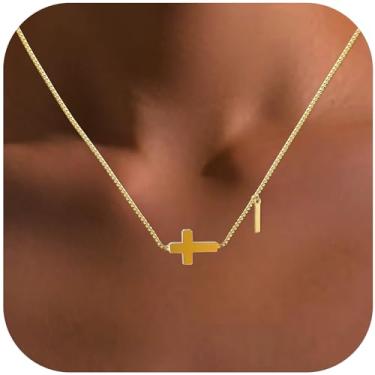 Imagem de ECOOLOC Colar feminino com pingente de cruz delicada banhado a ouro 14K – Joias religiosas elegantes com caixa de presente para presente de dia das mães da filha e filho, corrente gargantilha