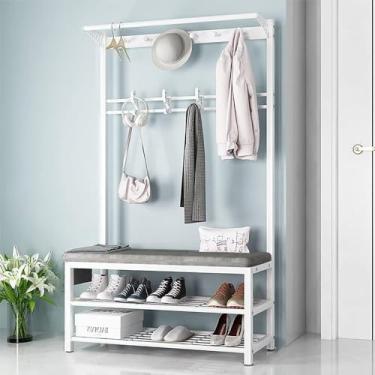 Imagem de Cabideiro Independente Resistente Com Sapato Beh Industrial Hall Tree Com Armazenamento De Sapatos Cabide De Cama Com Ganchos Fácil De Montar Para Entrada Corredor Sala De Estar Q, White Gray, 80cm