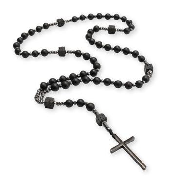 Imagem de Colar de rosário feito à mão com olho de tigre e pedra vulcânica, contas misteriosas de 9 mm com cruz de liga preta, presente de oração para homens e mulheres, 42*25 mm, Pedra, Sem Pedra Preciosa