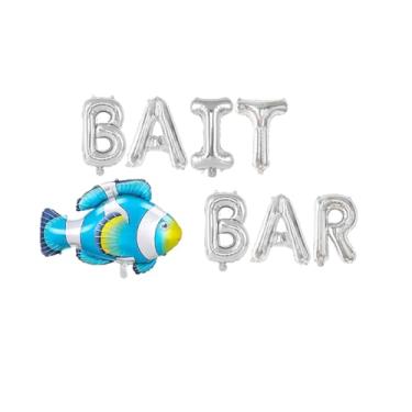 Imagem de SNFHWL Barra de isca com balões de peixe azuis, placa de festa temática de pesca prateada, decoração de festa de aniversário, suprimentos de guirlandas de cenários