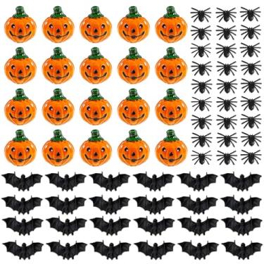 Imagem de Hiawbon 120 peças de abóboras em miniatura de Halloween, morcegos de plástico, aranhas, mini morcegos de Halloween e aranhas falsas, mini enfeite de modelo de abóbora de resina para acessórios de