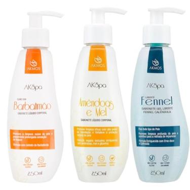 Imagem de Kit 3 Sabonetes Líquido Corporal Akmos, Barbatimão, Amêndoas e Mel, Erva Doce, 250ml