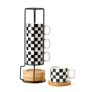 Imagem de LUKA Copos de café expresso xadrez empilháveis de porcelana preto e branco com pires e suporte de metal, conjunto de xícaras pequenas de cerâmica de 118 ml para bebidas de café, café com leite, chá
