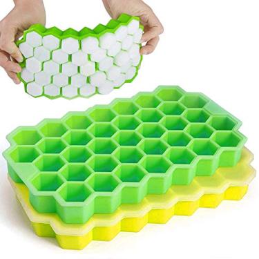 Imagem de Bandeja para cubos de gelo com 37 cavidades, pacote com 2 formas de cubo de gelo em forma de favo de mel com tampa removível, moldes de gelo flexíveis de grau alimentício, 74 cubos de gelo pequenos