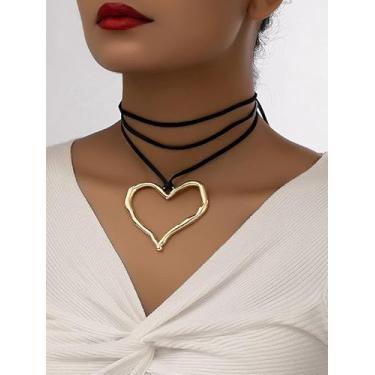 Imagem de Colar com pingente de coração vazado em camadas, banhado a ouro, preto, veludo, clavícula, colar, vintage, rock, estilo punk, boêmio, moda, feminina, joia feminina, presente de aniversário para