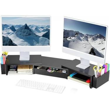 Imagem de Spacrea Organizadores e acessórios de mesa de metal, suporte para monitor duplo com gaveta e 2 suportes de caneta, acessórios de mesa e organizadores de mesa de trabalho para material de escritório