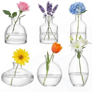 Imagem de Ninehaoou Conjunto de 6 vasos de vidro, pequenos vasos de flores transparentes para centro de mesa de casamento, mini frascos de flores de vidro vintage para arranjo floral, festa, casa, escritório