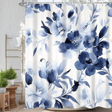 Imagem de Velaequezii Cortina de chuveiro floral azul marinho com tinta planta, estampa de flores em aquarela, tecido lavável à prova d'água, tecido lavável, decoração de banheira, conjunto de cortina de