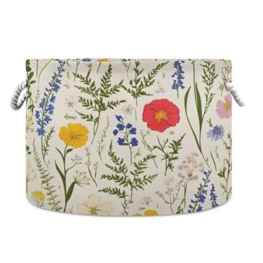 Imagem de JUZIHAI Cesta de armazenamento dobrável de flores silvestres para bebês, cesto de roupa suja, cobertor com alças de corda de algodão, caixa organizadora de armário dobrável para quarto, berçário, casa