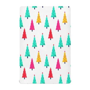Imagem de Qilmy Lençóis coloridos para berço de árvore de Natal, macio, respirável, elástico, lençol com elástico para meninos e meninas, mini berço 132 cm x 71 cm capa de colchão infantil portátil