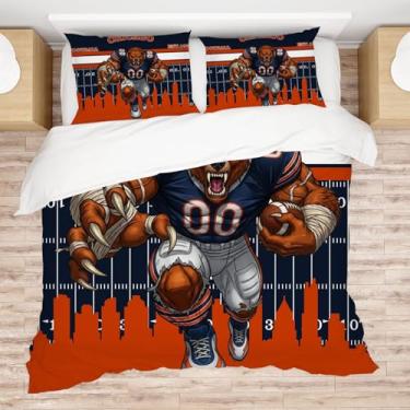 Imagem de Allenjoy Conjunto de edredom Chicago American Football Navy Legacy com 2 fronhas para meninos, adolescentes, homens, fãs, quarto, berçário, decoração de quarto, lavável na máquina, tamanho casal
