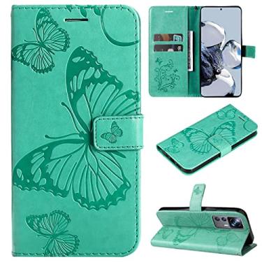 Imagem de Capas de telefone borboleta em relevo compatíveis com Xiaomi 12T 12T Pro capa de couro slots de cartão de visita de luxo clipe de carteira capa de telefone à prova de choque (verde, Xiaomi 12T Pro)