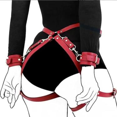 Imagem de LEQC Sex Bondage BDSM Toys Kit de restrições para casal, coisas sexuais para casais com 2 punhos de pulso e tiras de cintura na coxa, tiras de sexo SM (vermelho)