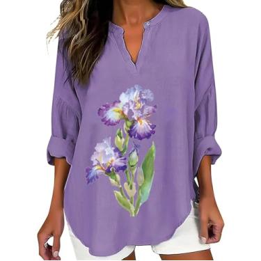Imagem de PKDong Camiseta feminina de conscientização de Alzheimers com gola V, manga comprida, solta, roxa, floral, camisetas femininas 2024, Azul, M