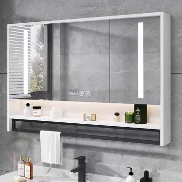 Imagem de Armário de remédios de LED para banheiro com espelho de desembaçamento, armário de espelho de maquiagem de banheiro com iluminação regulável em 3 cores, armários de espelho de vaidade montad