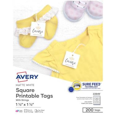 Imagem de Avery Etiquetas quadradas imprimíveis, tecnologia Sure Feed, 3,8 cm x 3,8 cm, branco, inclui corda, impressão a laser/jato de tinta, total de 200, ótimo para marcas, presentes, merchandising e mais