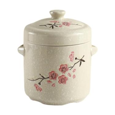 Imagem de Ioensy Butter Keeper Butter Crock Panela de molho com alça dupla Fogão Panela de cozimento com tampa para cereais Leite Sopa Casa ao ar livre, Flor