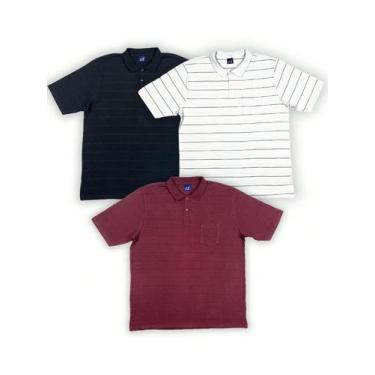 Imagem de KIT Masculino Plus Size Polo Listrada Vinho, Branco e Preto - Pthirill
