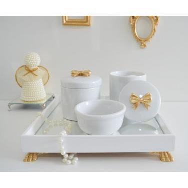 Imagem de Kit Higiene K049 Bandeja MDF Porcelanas Apliques Dourado Quarto Bebê -