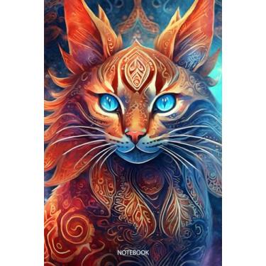 Imagem de Cool Colorful Furry Cat Illustration Graphic Art Journal Paperback: 100 Blank Ruled Pages 6x9 inch: Close Up of Cat, like a Phoenix Fire, Red and Blue ... Graphic Art Notebook Diary, Back to School