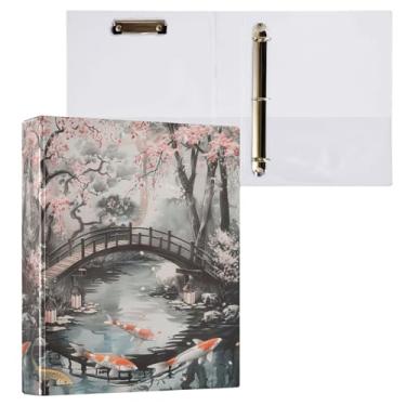 Imagem de Fichário de jardim japonês com peixe koi 3 argolas decorativas de 3,8 cm com prancheta e 3 bolsos transparentes, comporta 200 folhas de papel tamanho A4 fichários à prova d'água para escola,