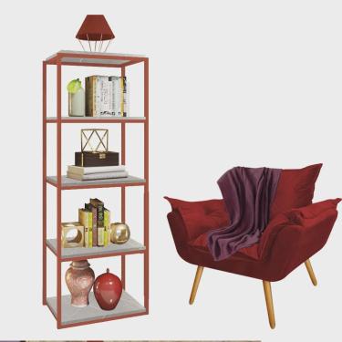 Imagem de Kit Poltrona Fatte com Manta Soft Bordô e Estante Livreiro Ferro Bronze mdf Marmorizado Cinza Suede Vermelho - Ahz Móveis