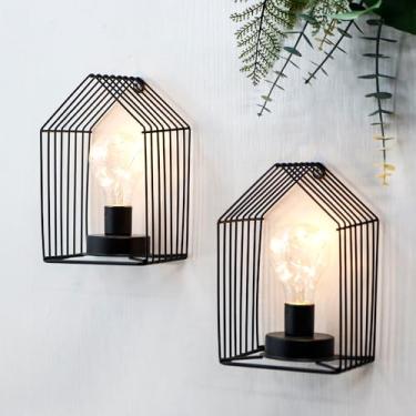 Imagem de JHY DESIGN Conjunto de 2 candeeiros de mesa operados por bateria 18 cm H Arandela de parede vintage gaiola de metal para pendurar na parede sem fio com temporizador de 6 horas para casa, quarto