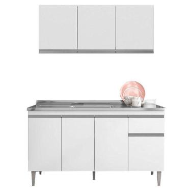 Imagem de Balcão De Pia Tatiane 145 Cm E Armário Aéreo Andréia 3 Portas 120 Cm Branco Brilho - Ajl