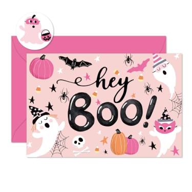 Imagem de Whaline 24 peças de cartões de felicitações de Halloween Boo Ghost Cartões em branco com envelopes rosa adesivos para convites de sala de aula de escritório em casa, suprimentos de festa, 10 x 15 cm