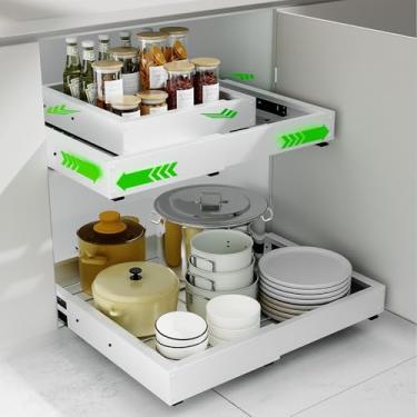 Imagem de Organizador de armário expansível, largura ajustável de 30 a 48 cm e profundidade de 42 a 56 cm, extensão de 4 lados, 5 trilhos deslizantes para uso pesado, prateleiras adesivas para armários de
